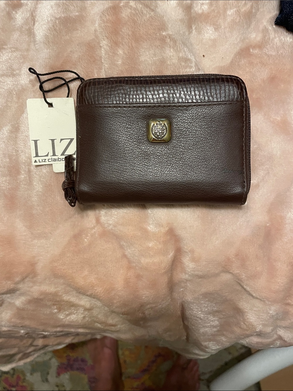 Liz Claiborne Dark Brown Pebbled Leather Zip Wallet with Crest Accent
